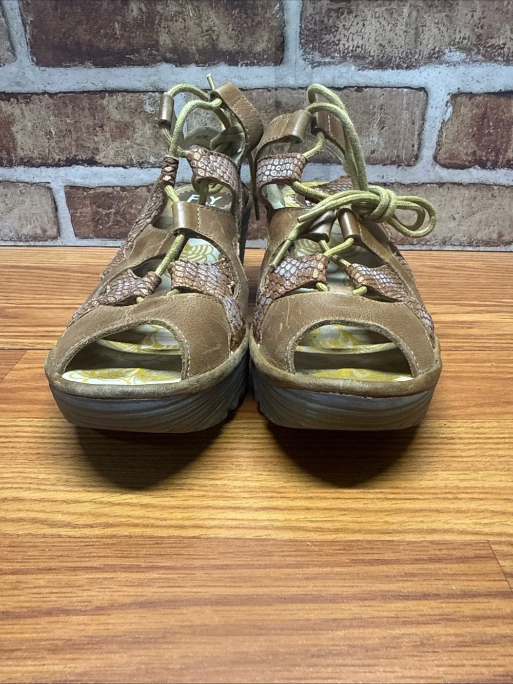 Fly London Yexa Tan Metallic Lace Up Wedge Sandals Size 39 (US 8)